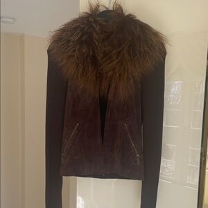 Women's Dark Brown Suede Jacket with Fur Trim